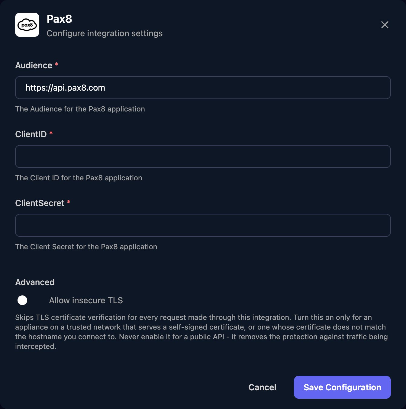The Pax8 configuration window with Audience set to https://api.pax8.com, empty ClientID and ClientSecret fields, an Allow insecure TLS switch under Advanced, and a Save Configuration button.