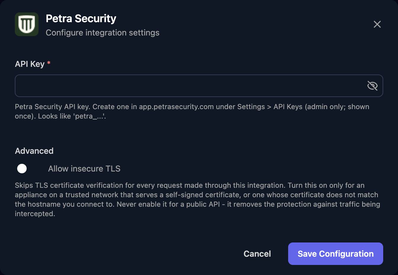 The Petra Security configuration window with an API Key field and its help text, an Allow insecure TLS switch under Advanced, and a Save Configuration button.