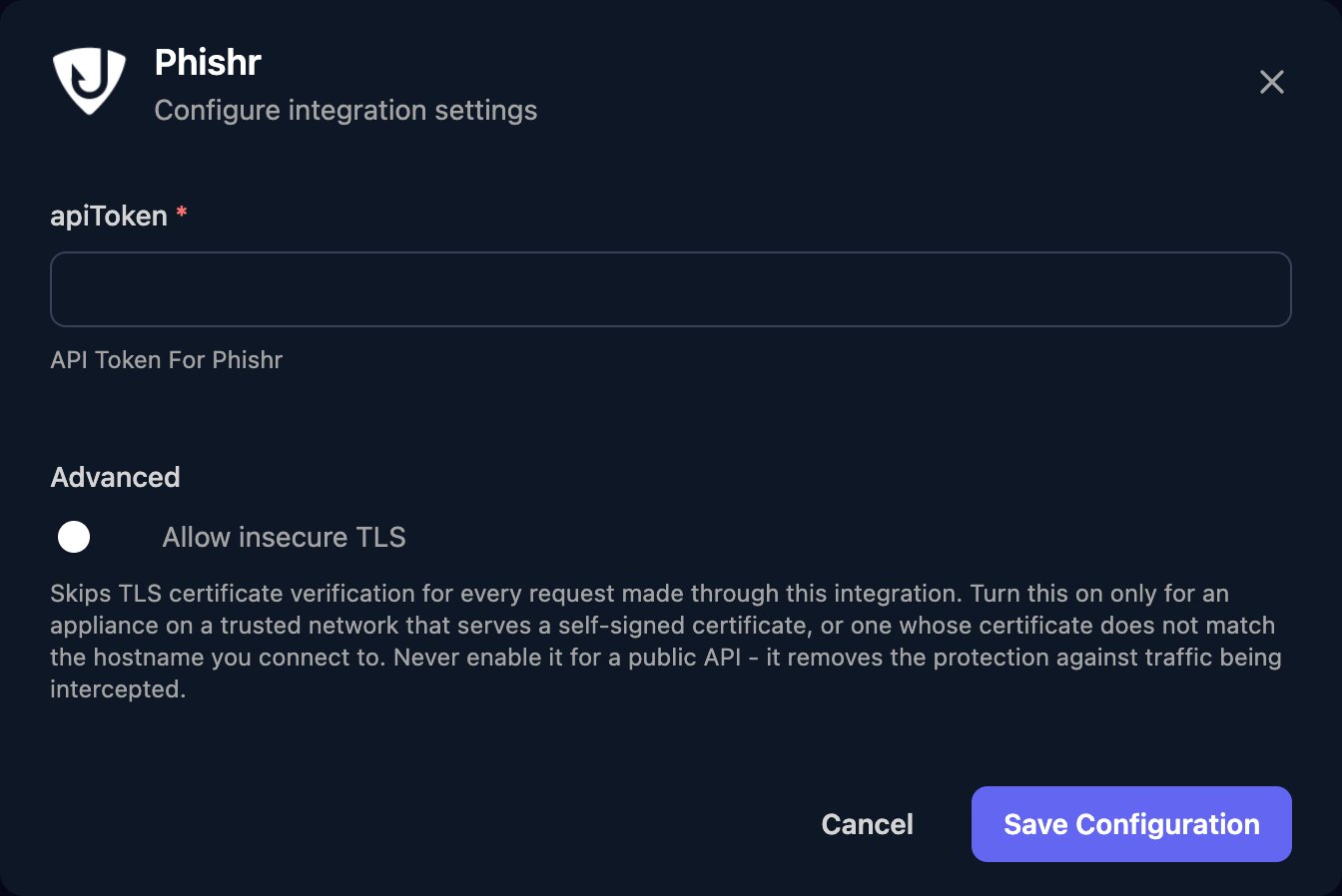 The Phishr configuration window with an apiToken field, an Allow insecure TLS switch under Advanced, and a Save Configuration button.