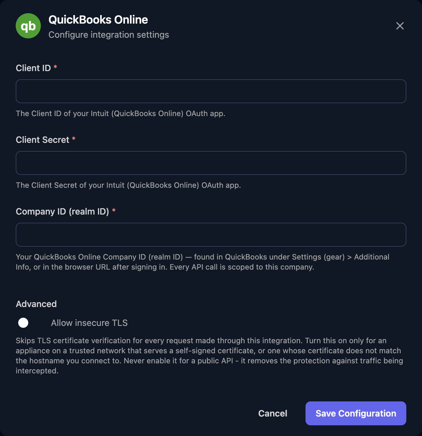 The QuickBooks Online configuration window with Client ID, Client Secret and Company ID (realm ID) fields, an Allow insecure TLS switch under Advanced, and a Save Configuration button.