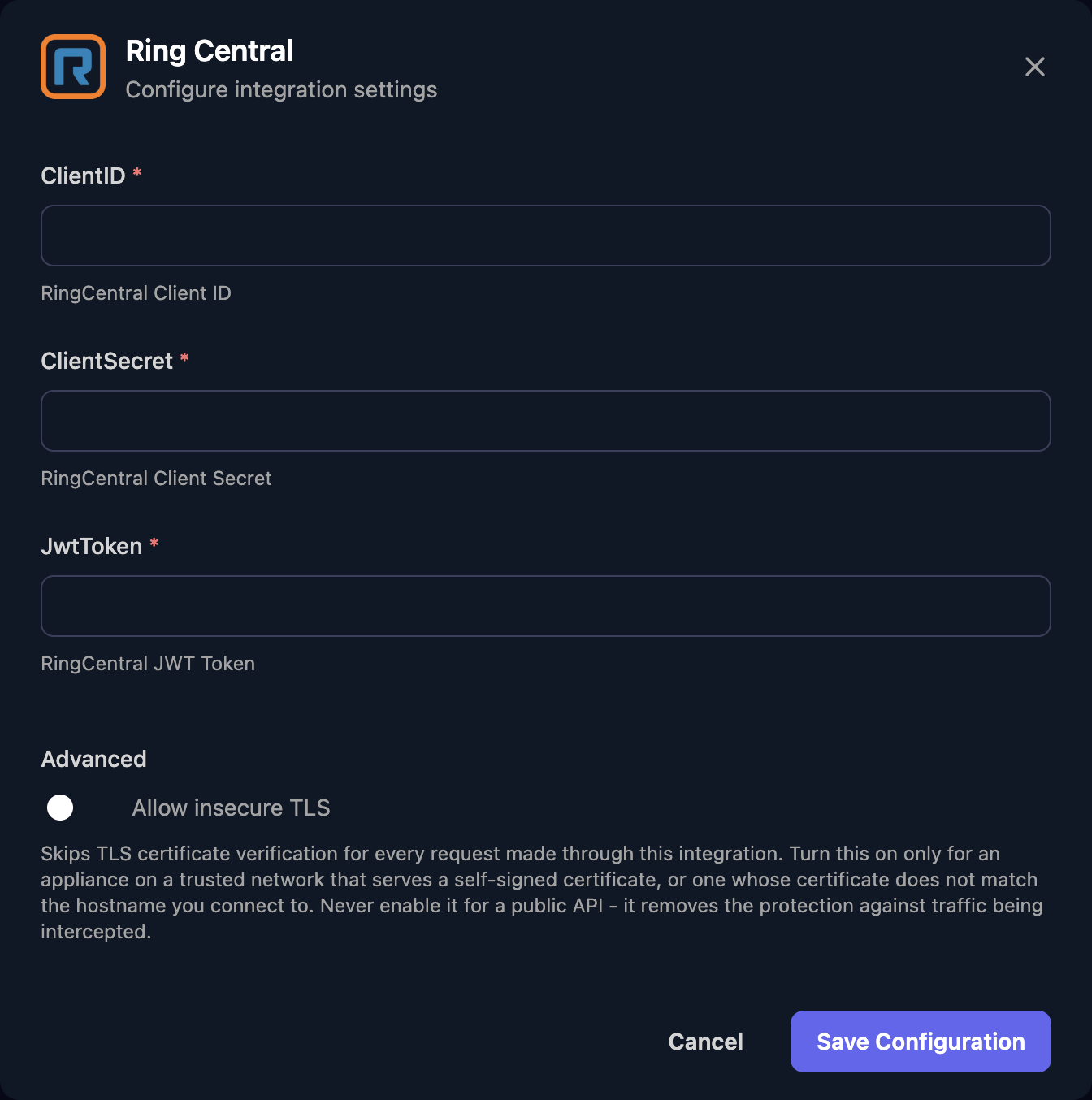 The Ring Central configuration window with ClientID, ClientSecret and JwtToken fields, an Allow insecure TLS switch under Advanced, and a Save Configuration button.
