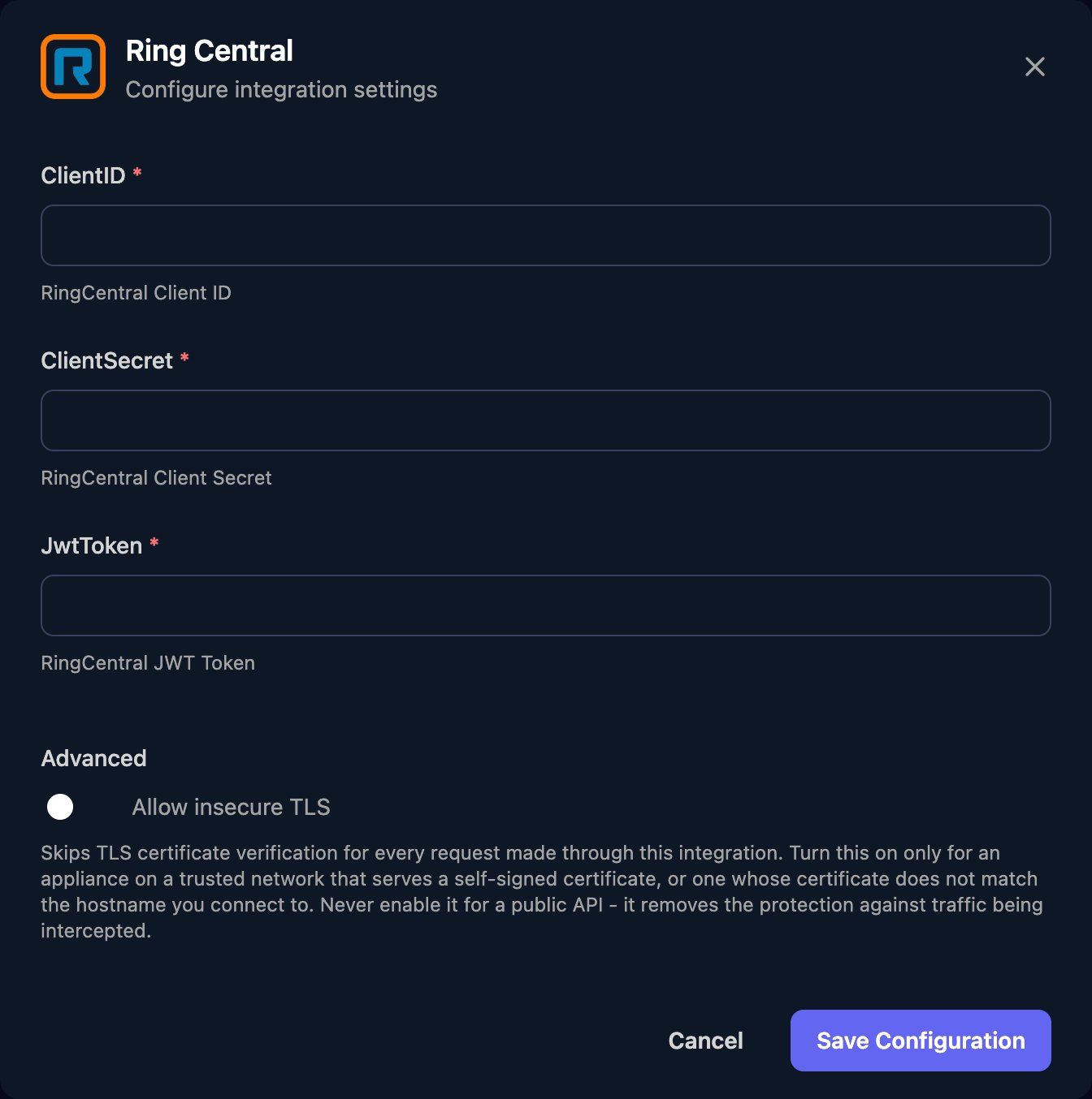 The Ring Central configuration window with ClientID, ClientSecret and JwtToken fields, an Allow insecure TLS switch under Advanced, and a Save Configuration button.