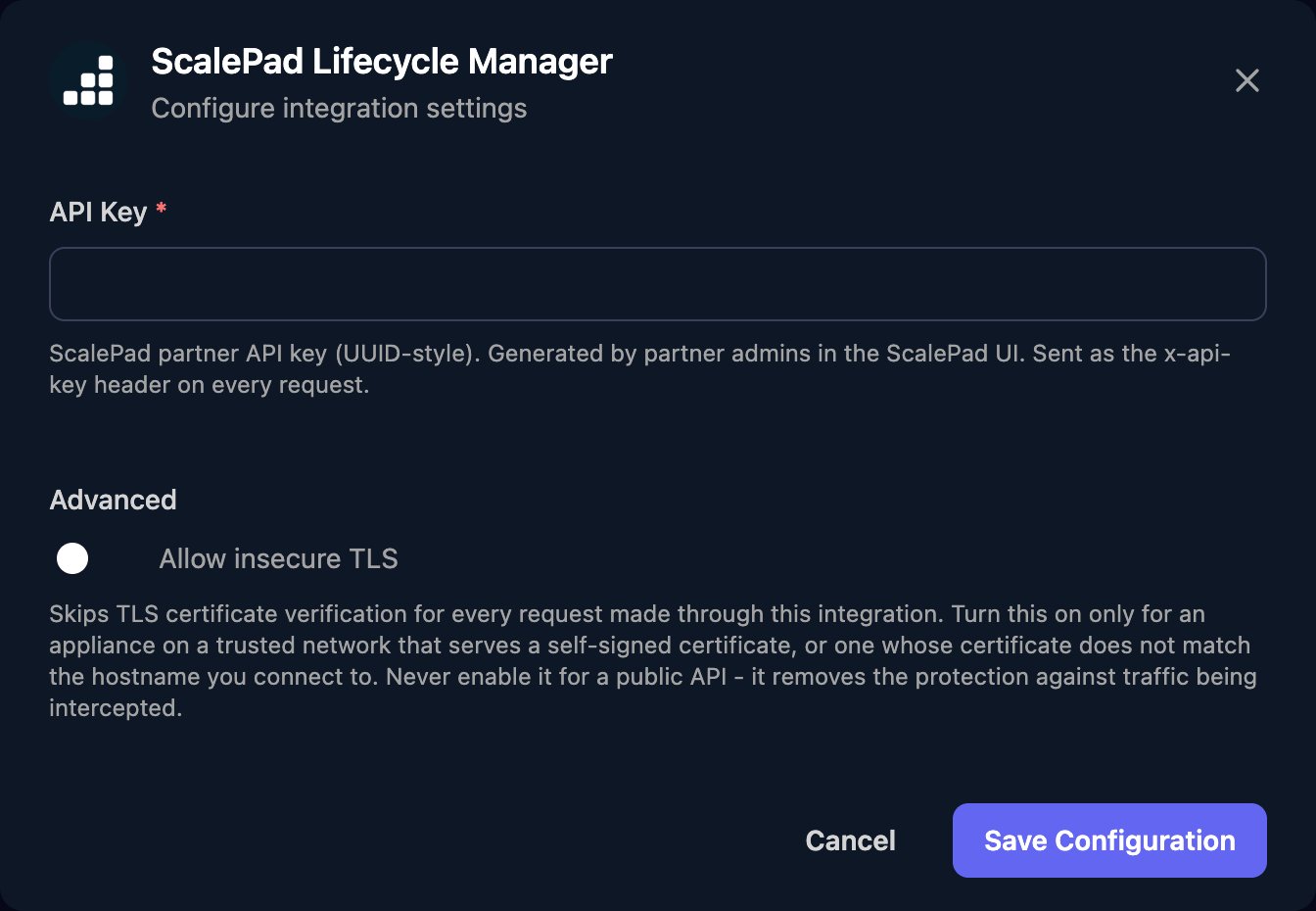 The ScalePad Lifecycle Manager configuration window with an API Key field, an Allow insecure TLS switch under Advanced, and a Save Configuration button.