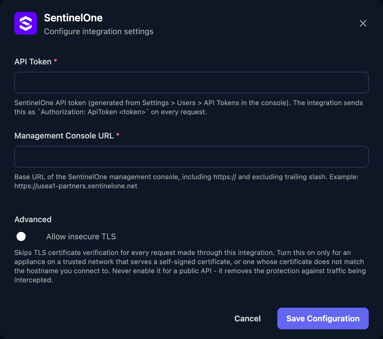 The SentinelOne configuration window with API Token and Management Console URL fields, an Allow insecure TLS switch under Advanced, and a Save Configuration button.