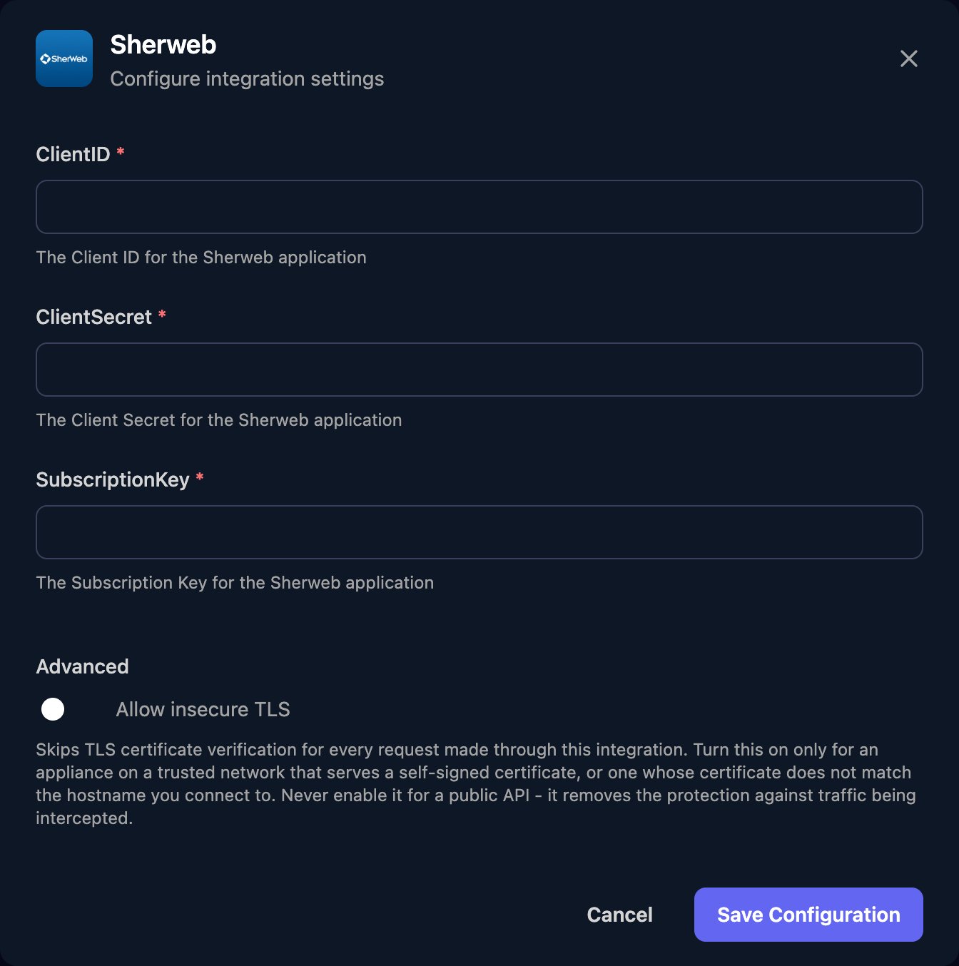 The Sherweb configuration window with ClientID, ClientSecret and SubscriptionKey fields, an Allow insecure TLS switch under Advanced, and a Save Configuration button.
