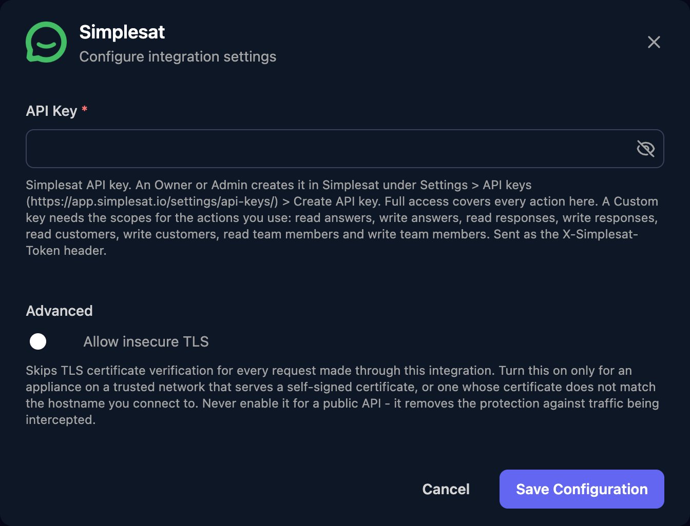 The Simplesat configuration window with an API Key field and help text listing the scopes a Custom key needs, an Allow insecure TLS switch under Advanced, and a Save Configuration button.
