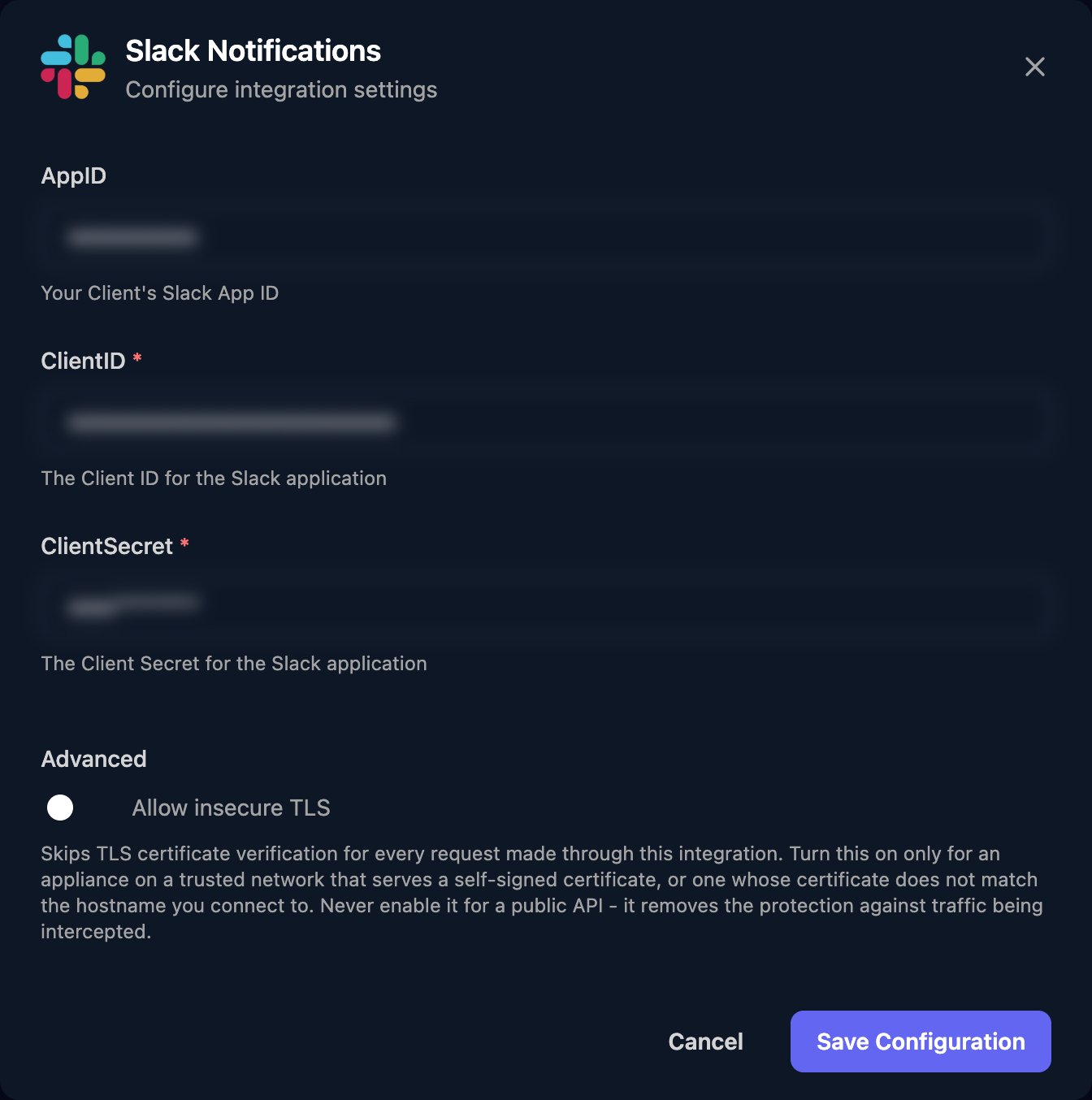 The Slack Notifications configuration window with AppID, ClientID and ClientSecret already filled in (blurred), an Allow insecure TLS switch under Advanced, and a Save Configuration button.