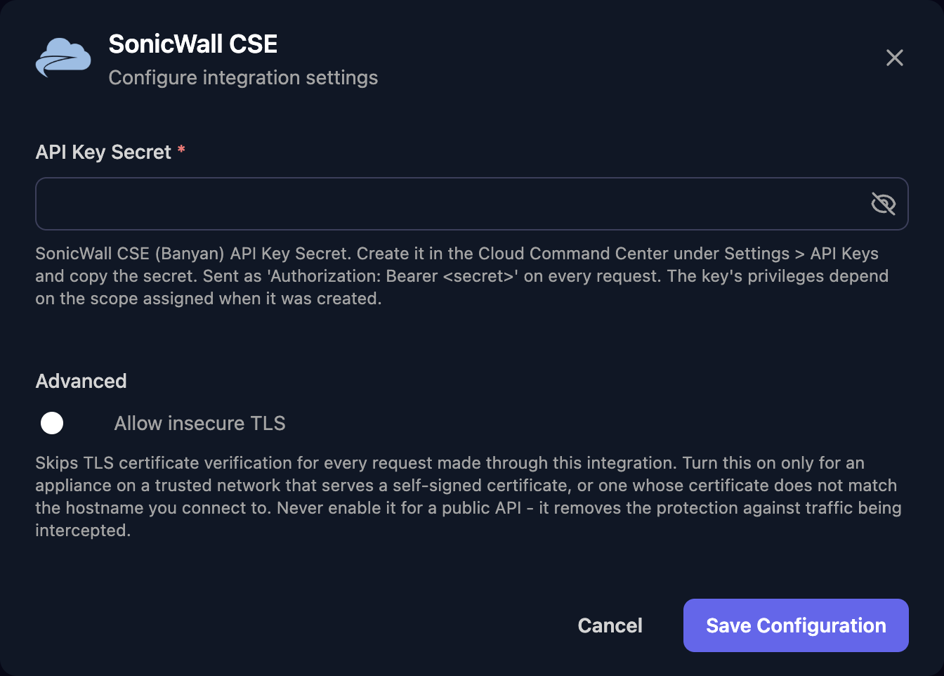 The SonicWall CSE configuration window with an API Key Secret field, an Allow insecure TLS switch under Advanced, and a Save Configuration button.