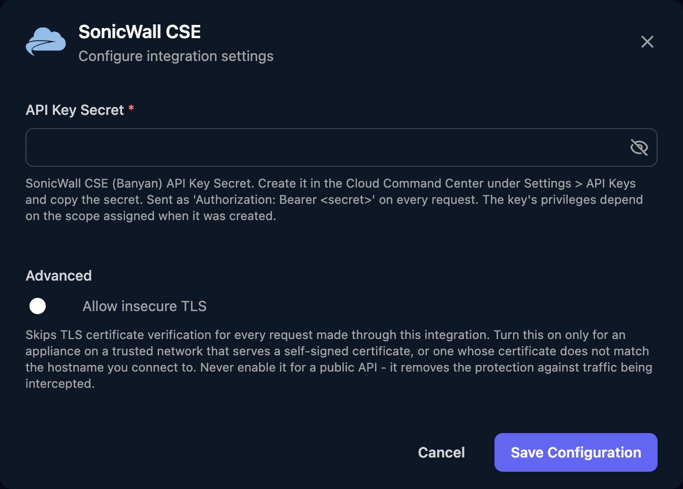 The SonicWall CSE configuration window with an API Key Secret field, an Allow insecure TLS switch under Advanced, and a Save Configuration button.