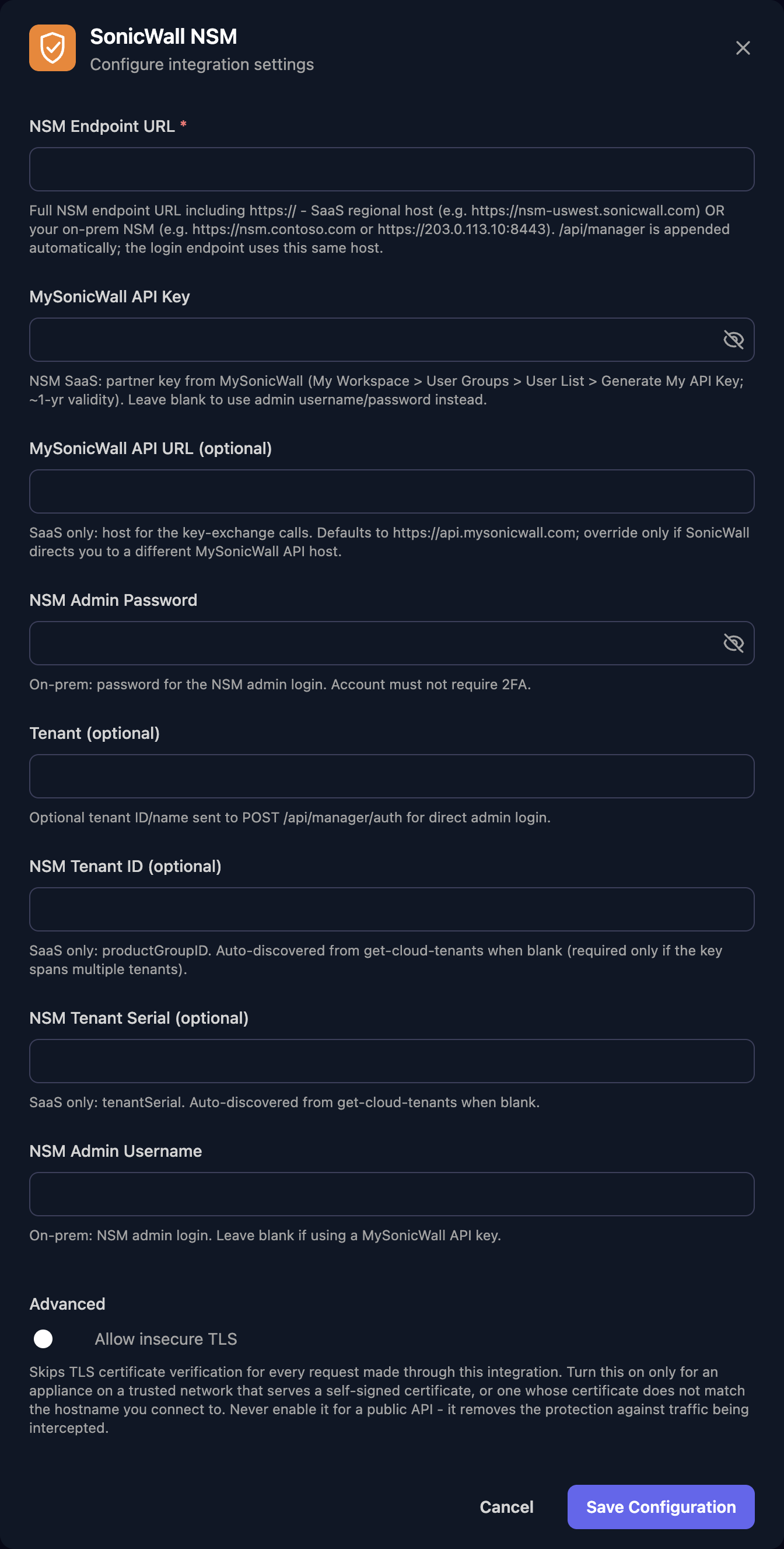 The SonicWall NSM configuration window with NSM Endpoint URL, MySonicWall API Key, MySonicWall API URL (optional), NSM Admin Password, Tenant (optional), NSM Tenant ID (optional), NSM Tenant Serial (optional) and NSM Admin Username fields, an Allow insecure TLS switch under Advanced, and a Save Configuration button.