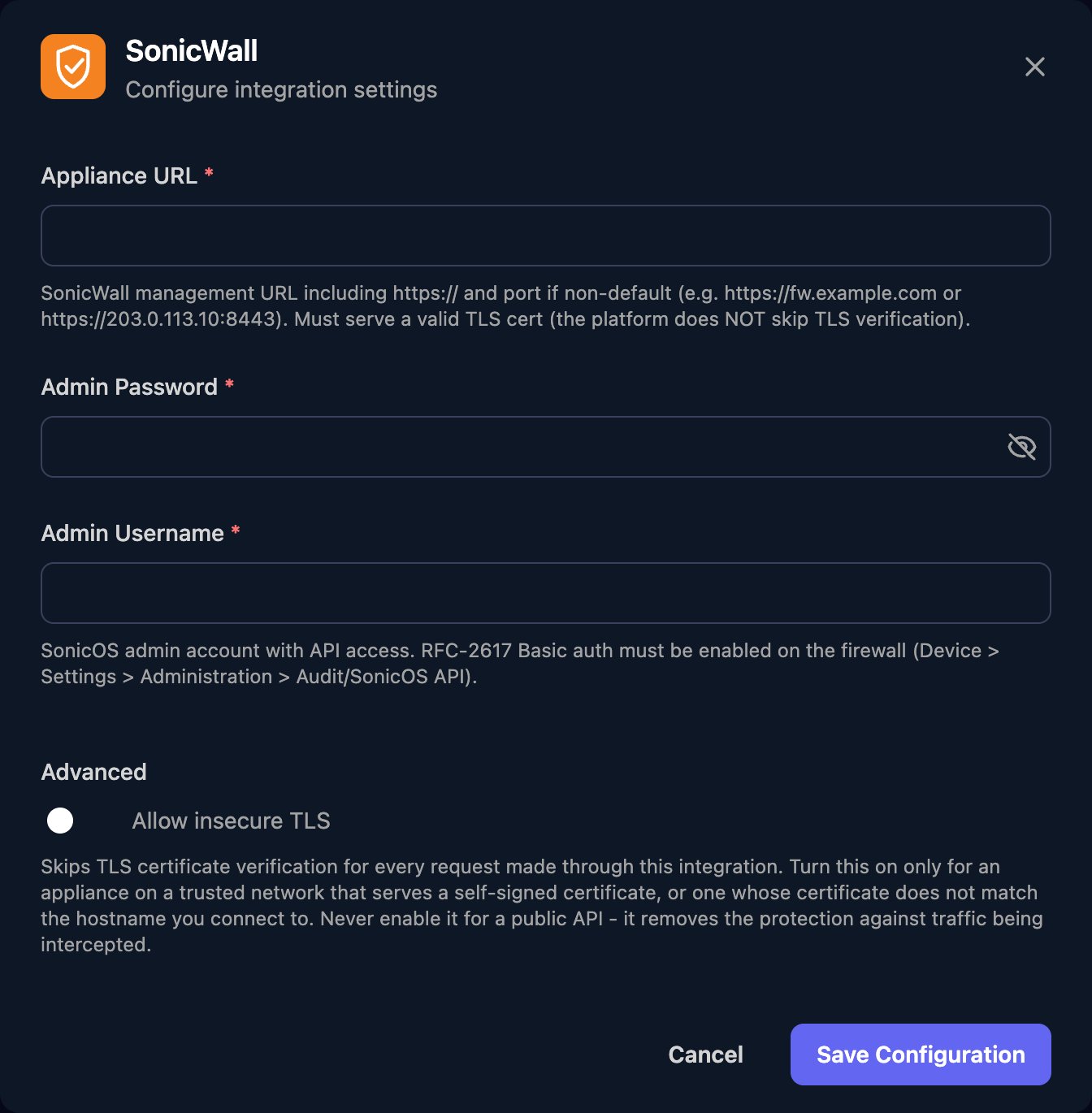The SonicWall configuration window with Appliance URL, Admin Password and Admin Username fields, an Allow insecure TLS switch under Advanced, and a Save Configuration button.