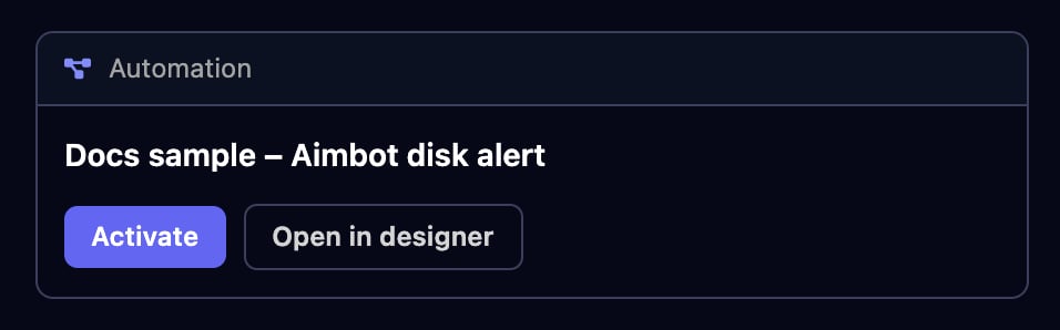 An Automation card for Docs sample – Aimbot disk alert with Activate and Open in designer buttons.