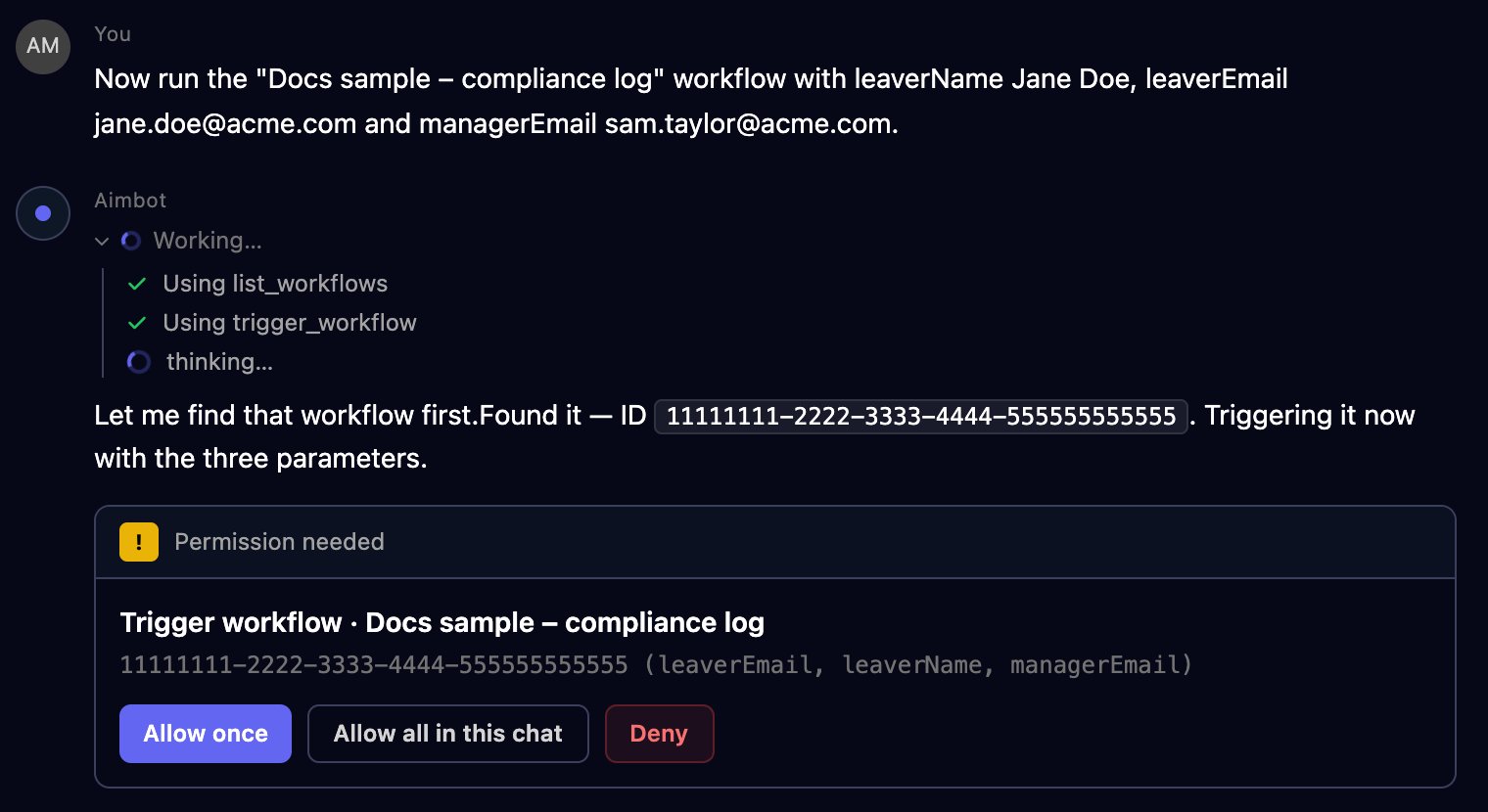 A chat asking Aimbot to run the Docs sample – compliance log workflow with three parameters, and a Permission needed card for Trigger workflow · Docs sample – compliance log with Allow once, Allow all in this chat and Deny buttons.