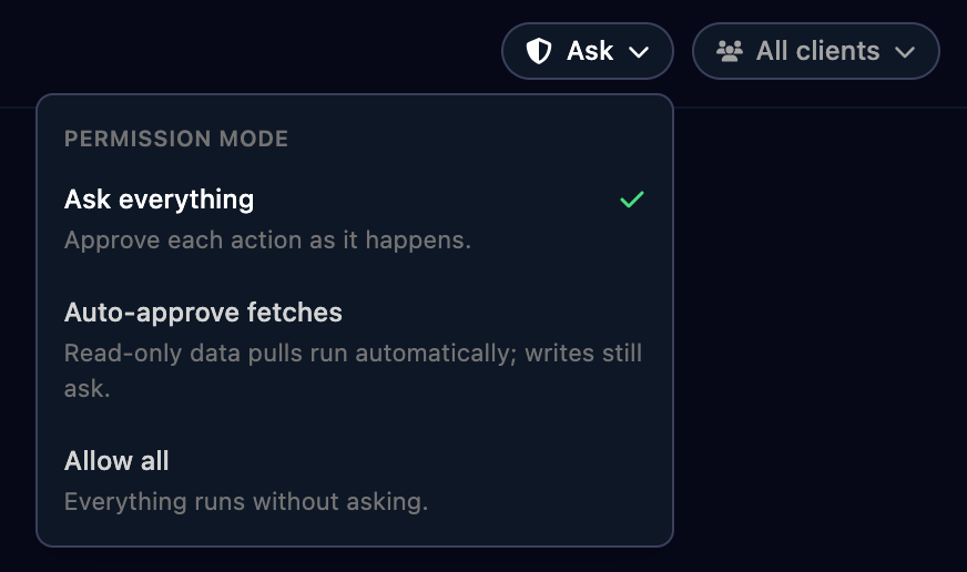 The Permission mode menu with Ask everything ticked, Auto-approve fetches and Allow all, each with a description, next to an All clients pill.