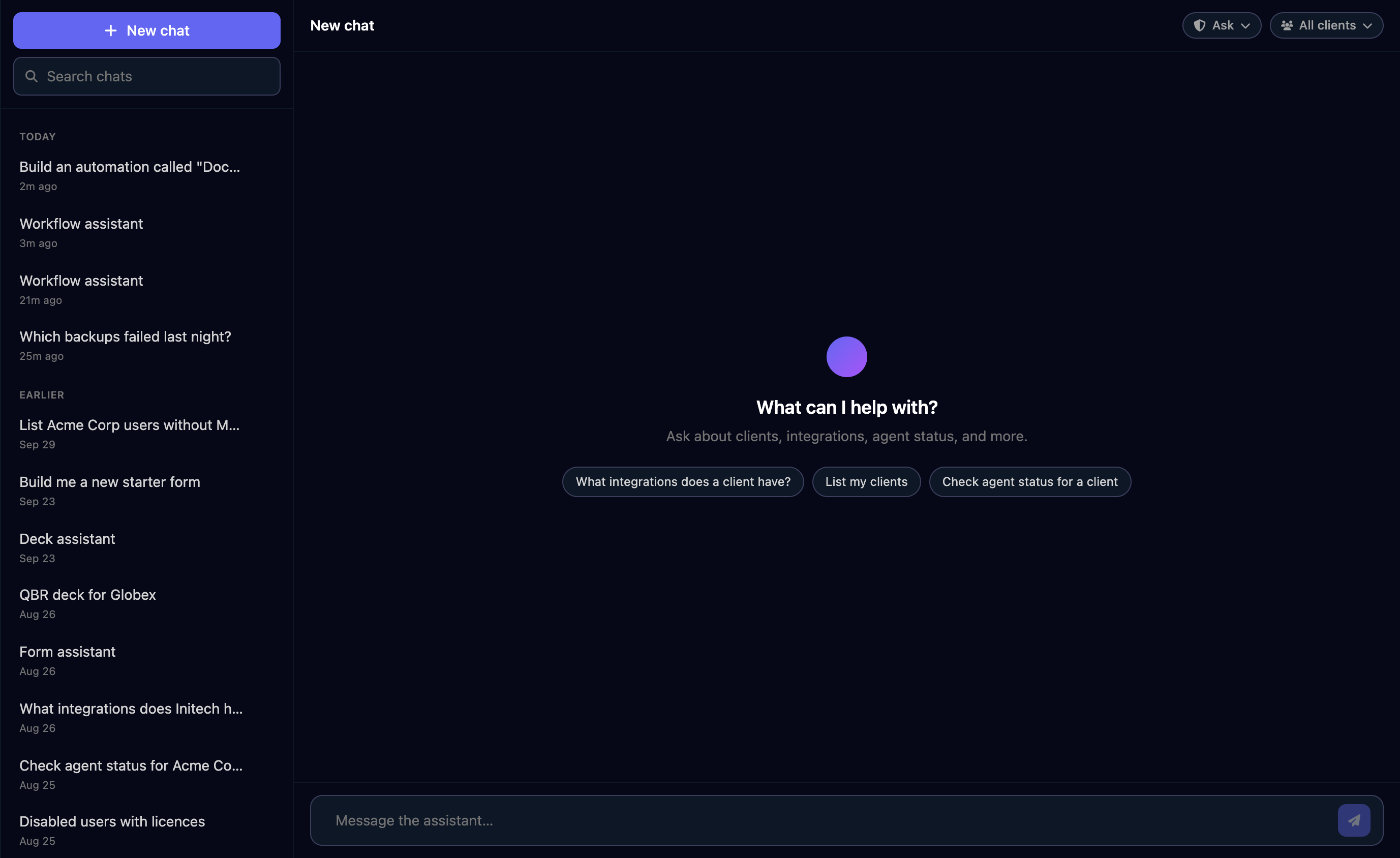 The Aimbot page with a New chat button, a Search chats box and a list of earlier chats, and a new chat reading What can I help with? with suggestions What integrations does a client have?, List my clients and Check agent status for a client, Ask and All clients pills, and a Message the assistant box.