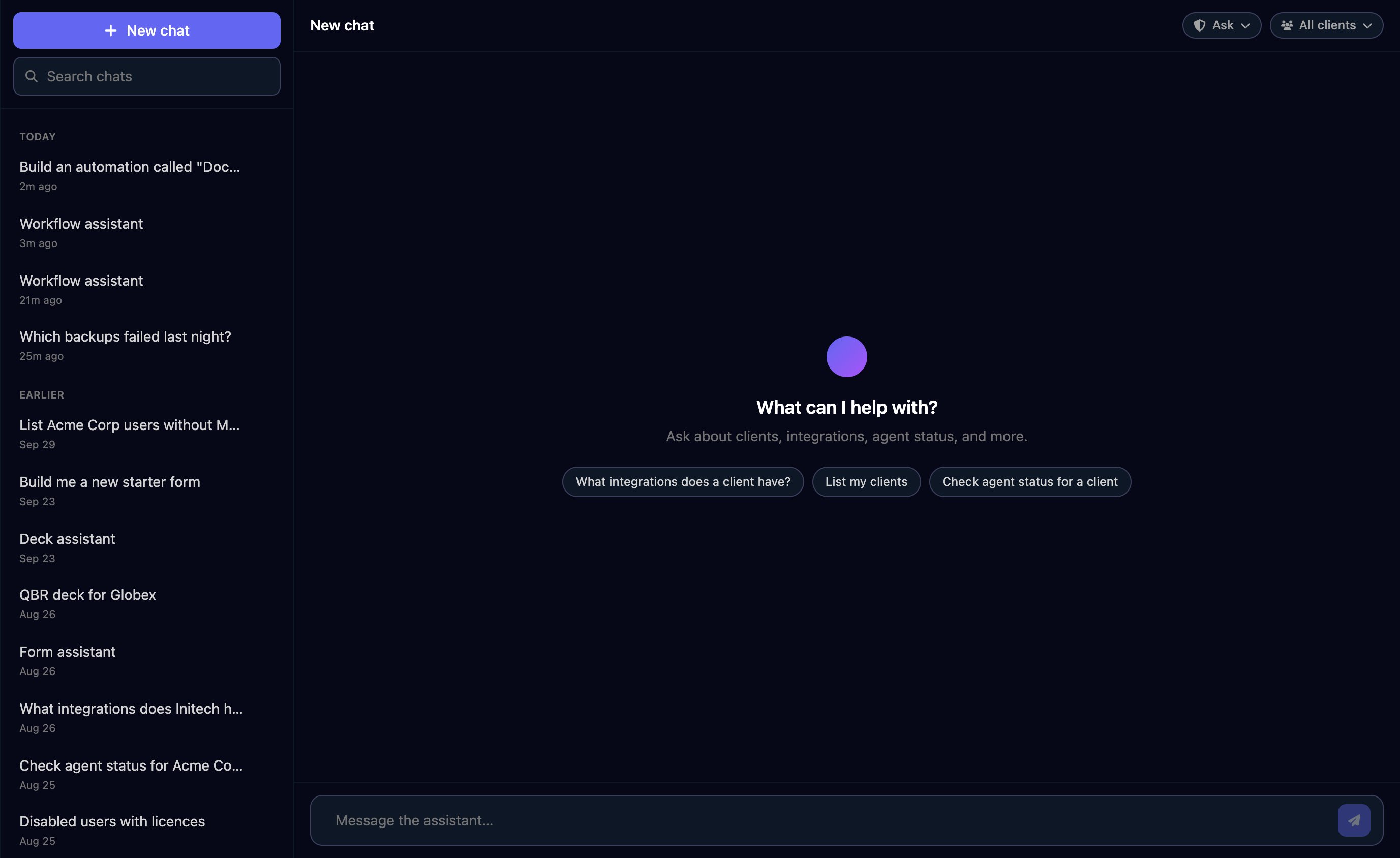 The Aimbot page with a New chat button, a Search chats box and a list of earlier chats, and a new chat reading What can I help with? with suggestions What integrations does a client have?, List my clients and Check agent status for a client, Ask and All clients pills, and a Message the assistant box.