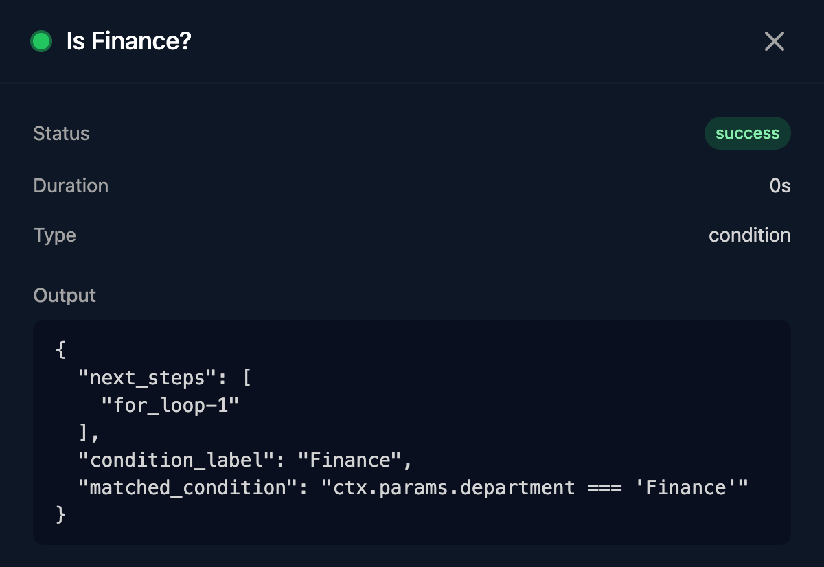 The Is Finance? step in a run: Status success, Type condition, and Output with next_steps for_loop-1, condition_label Finance and matched_condition ctx.params.department === 'Finance'.
