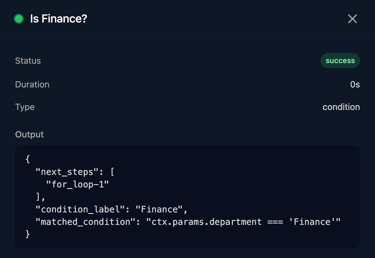 The Is Finance? step in a run: Status success, Type condition, and Output with next_steps for_loop-1, condition_label Finance and matched_condition ctx.params.department === 'Finance'.