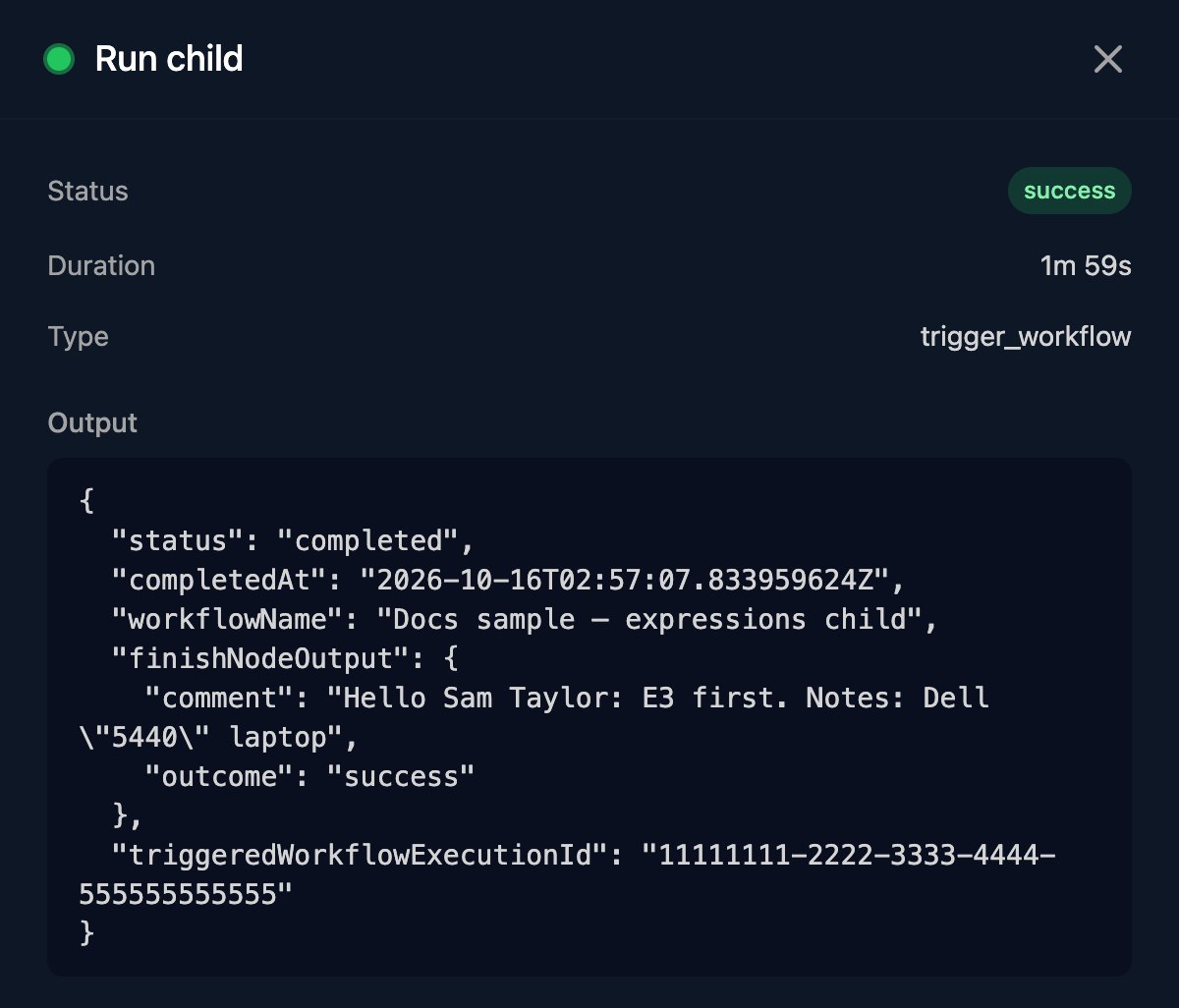 The Run child step's Output in a run: status completed, completedAt, workflowName, finishNodeOutput with the child's comment and outcome success, and triggeredWorkflowExecutionId.