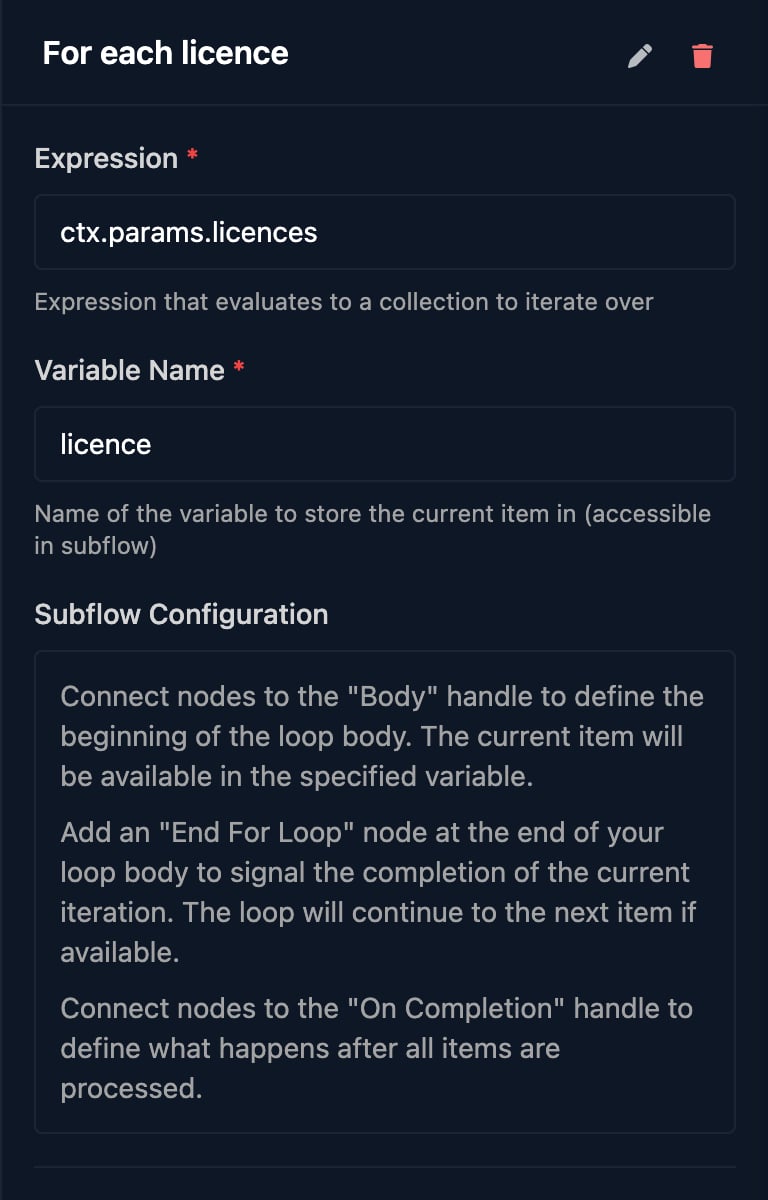 The For each licence step: Expression ctx.params.licences, Variable Name licence, and Subflow Configuration notes about the Body and On Completion handles and the End For Loop node.