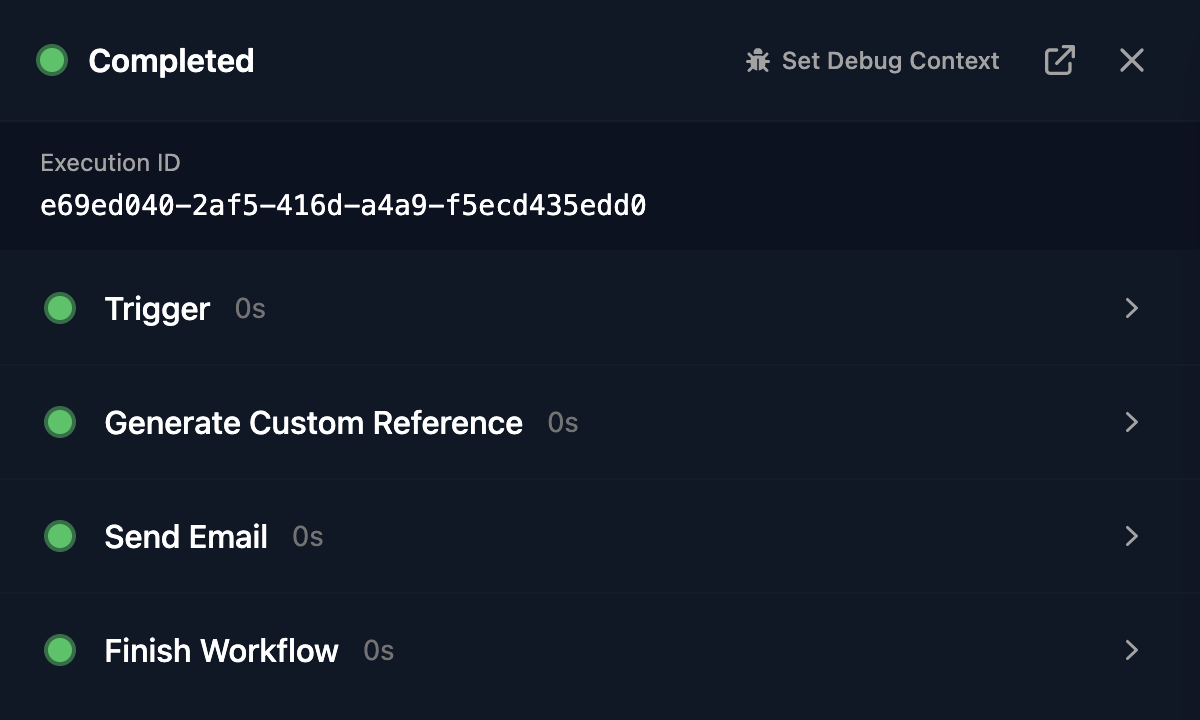 The run panel showing Completed, an Execution ID, and Trigger, Generate Custom Reference, Send Email and Finish Workflow each with a green dot.