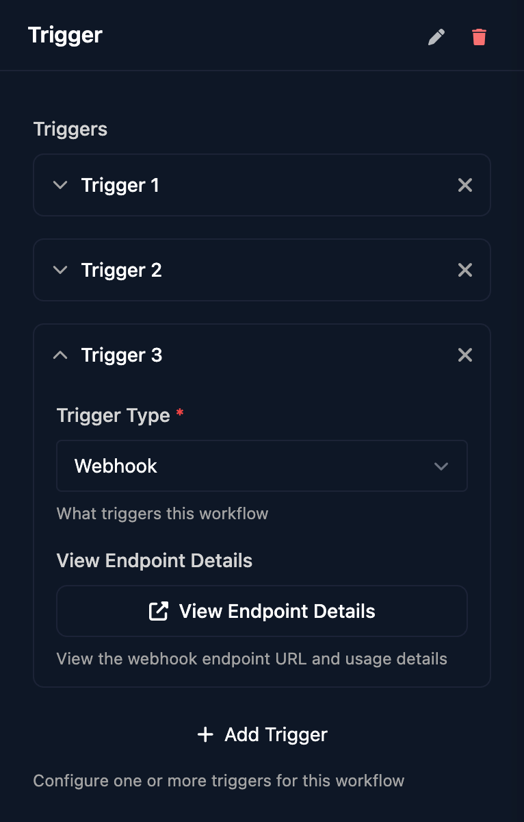 The Trigger step panel with Trigger 3 expanded, its Trigger Type set to Webhook and a View Endpoint Details button.