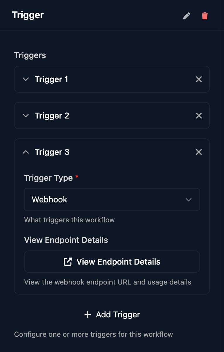 The Trigger step panel with Trigger 3 expanded, its Trigger Type set to Webhook and a View Endpoint Details button.