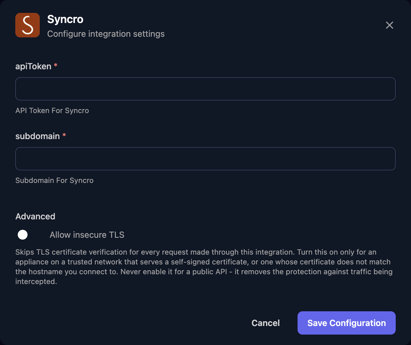 The Syncro configuration window with apiToken and subdomain fields, an Allow insecure TLS switch under Advanced, and a Save Configuration button.