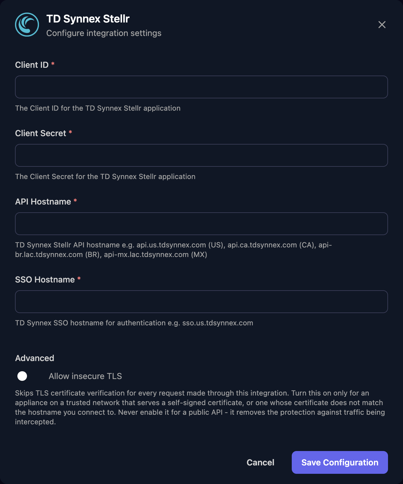 The TD Synnex Stellr configuration window with Client ID, Client Secret, API Hostname and SSO Hostname fields, an Allow insecure TLS switch under Advanced, and a Save Configuration button.