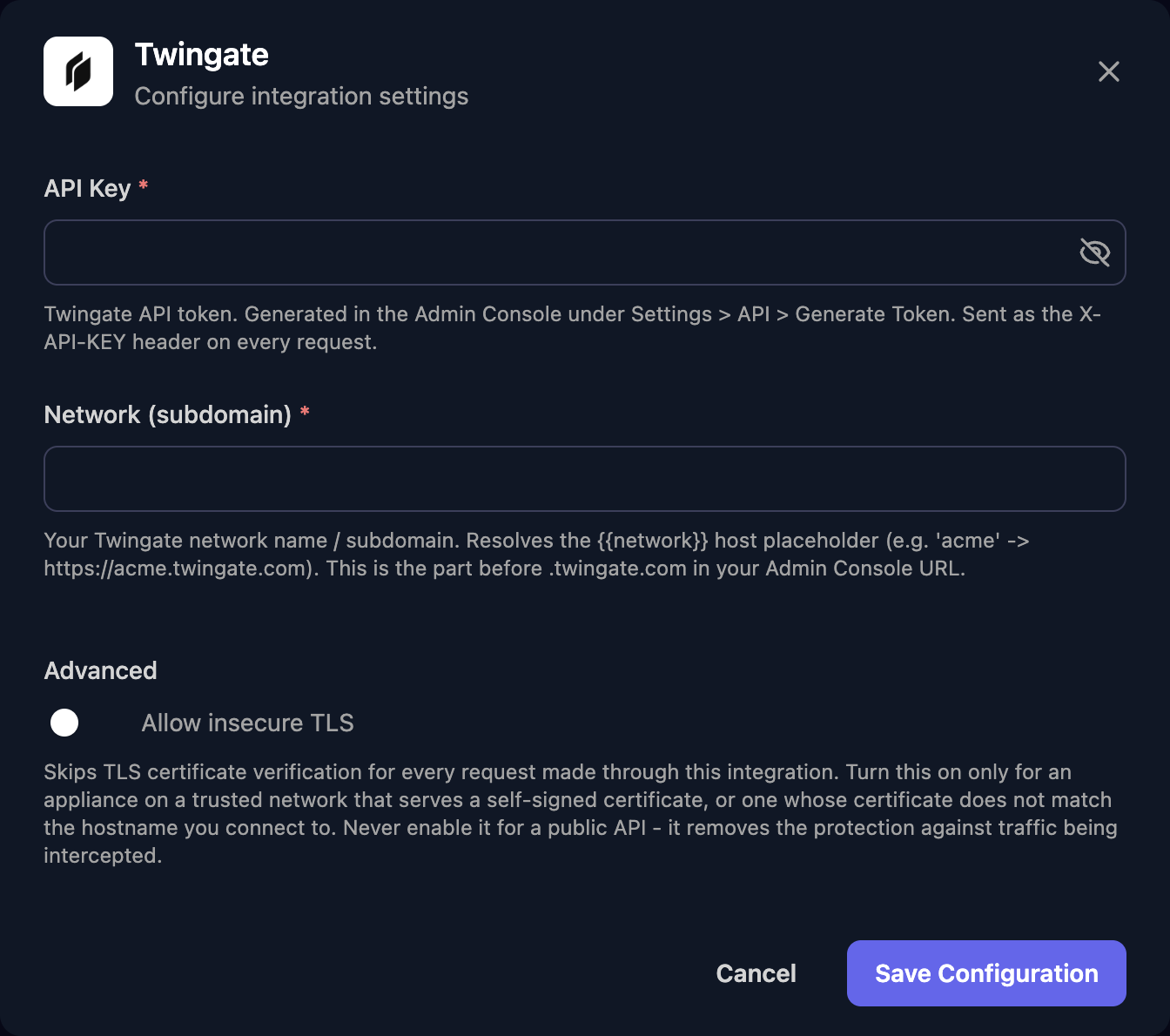 The Twingate configuration window with API Key and Network (subdomain) fields, an Allow insecure TLS switch under Advanced, and a Save Configuration button.