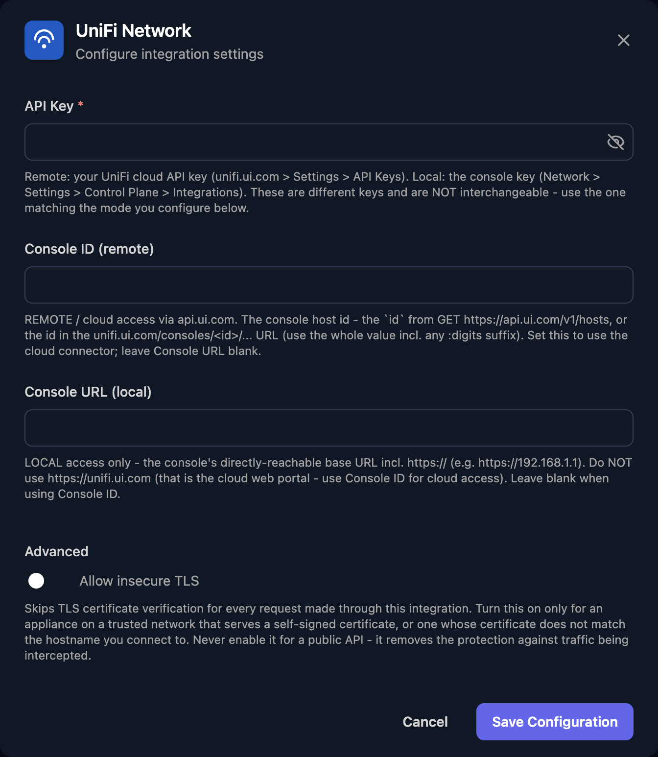 The UniFi Network configuration window with API Key, Console ID (remote) and Console URL (local) fields, an Allow insecure TLS switch under Advanced, and a Save Configuration button.