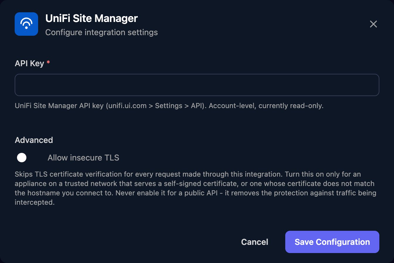 The UniFi Site Manager configuration window with an API Key field, an Allow insecure TLS switch under Advanced, and a Save Configuration button.