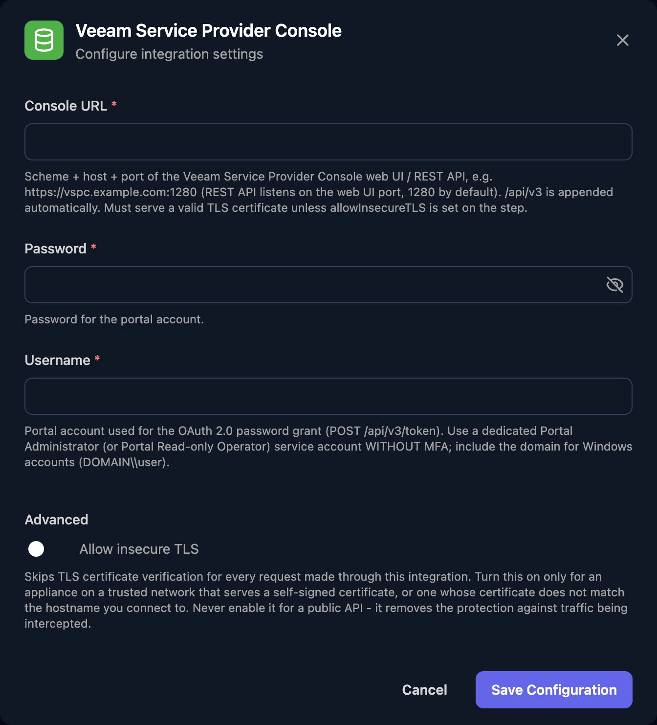 The Veeam Service Provider Console configuration window with Console URL, Password and Username fields, an Allow insecure TLS switch under Advanced, and a Save Configuration button.