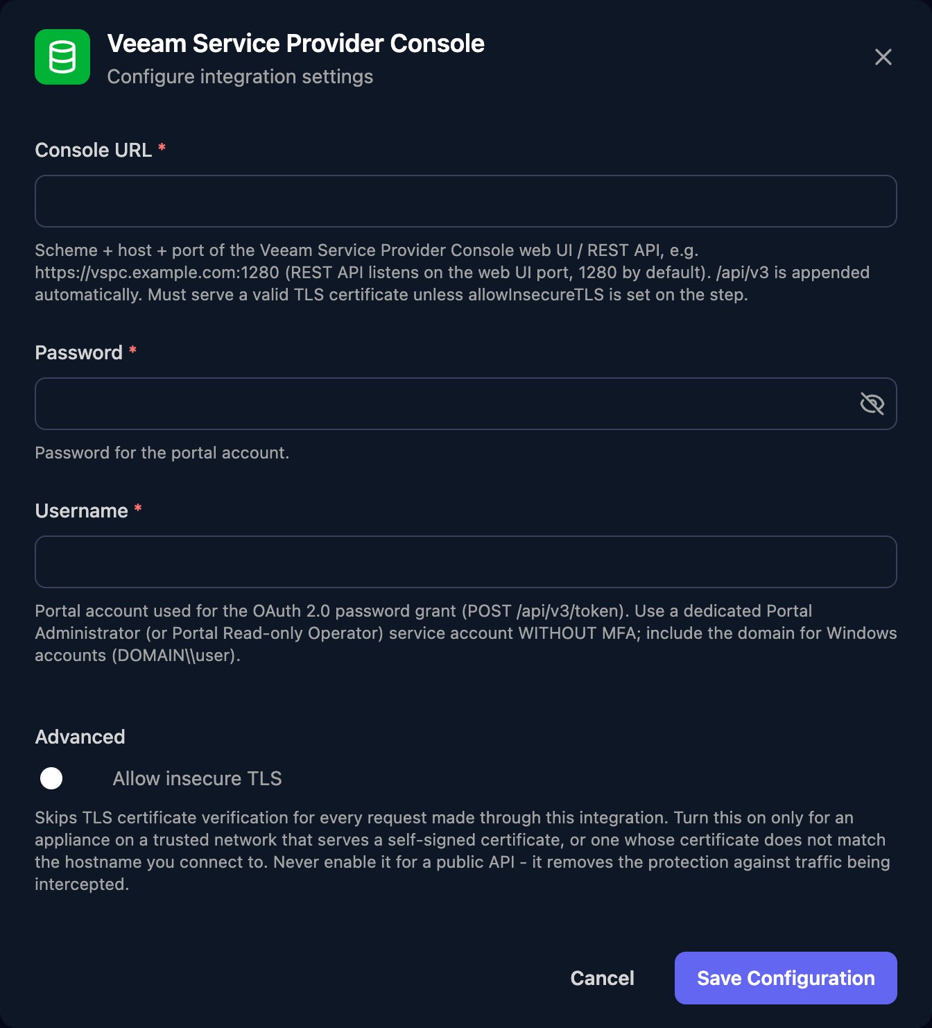 The Veeam Service Provider Console configuration window with Console URL, Password and Username fields, an Allow insecure TLS switch under Advanced, and a Save Configuration button.