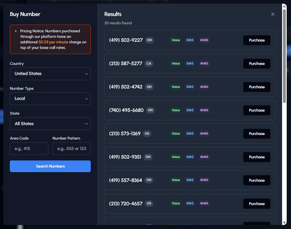 Number Purchase Interface