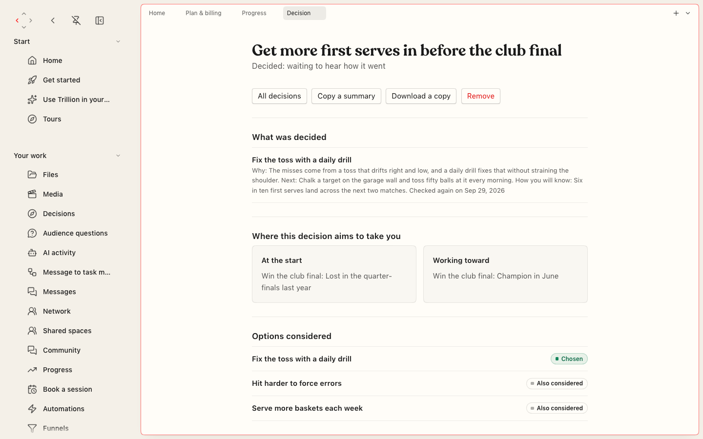A decision page titled Get more first serves in before the club final, showing what was decided, where the decision aims to take you, and the options considered with one marked Chosen