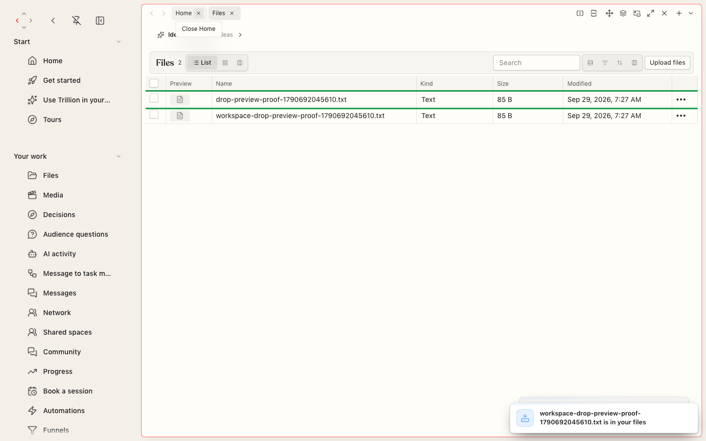 The Files screen listing two text files with their kind, size and modified date, a search box, view switches and an Upload files button, with a notice saying a file is in your files