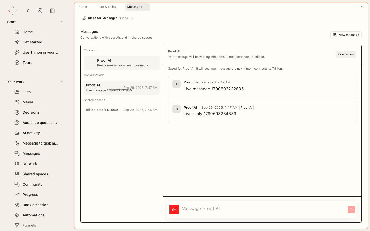 The Messages screen with Your AIs, Conversations and Shared spaces on the left, and a conversation with an AI on the right showing a message from you and its reply