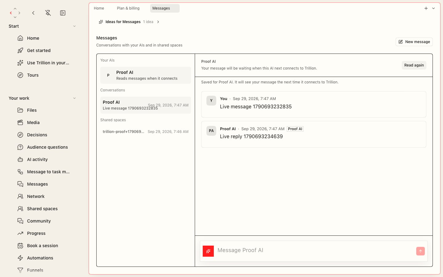 The Messages screen with Your AIs, Conversations and Shared spaces on the left, and a conversation with an AI on the right showing a message from you and its reply