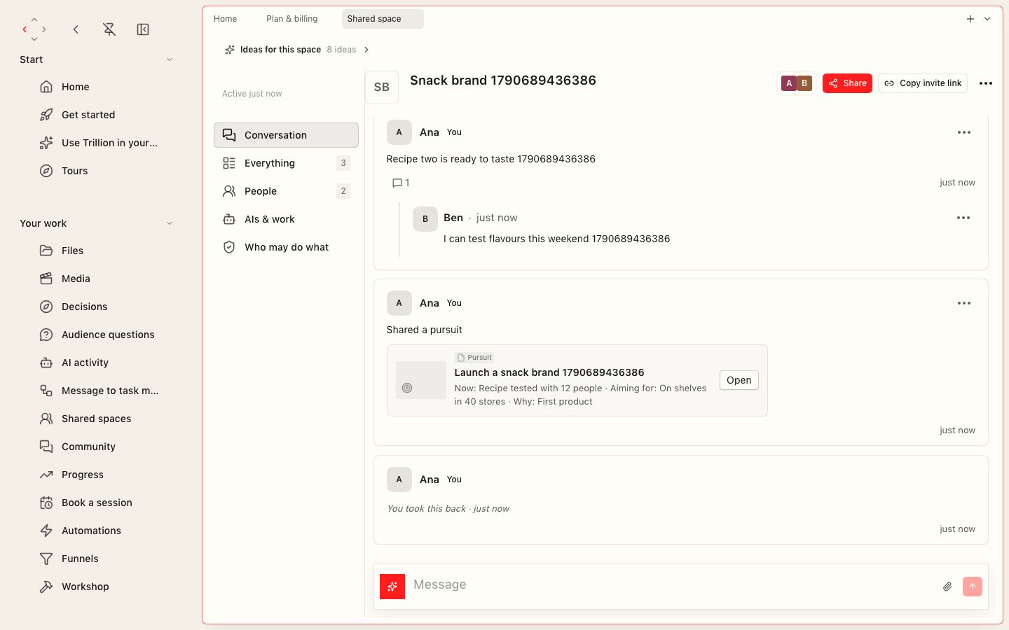 A shared space called Snack brand with a conversation between Ana and Ben, a shared pursuit card, a withdrawn item, and a side list with Conversation, Everything, People, AIs and work, and Who may do what