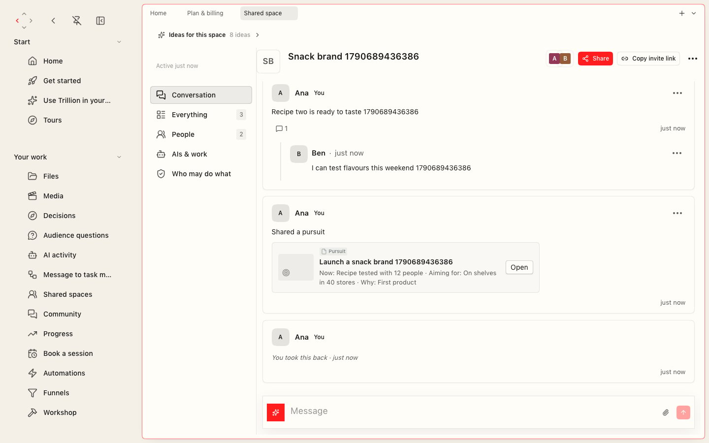 A shared space called Snack brand with a conversation between Ana and Ben, a shared pursuit card, a withdrawn item, and a side list with Conversation, Everything, People, AIs and work, and Who may do what