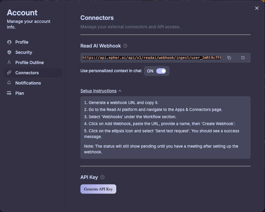 Account modal full view