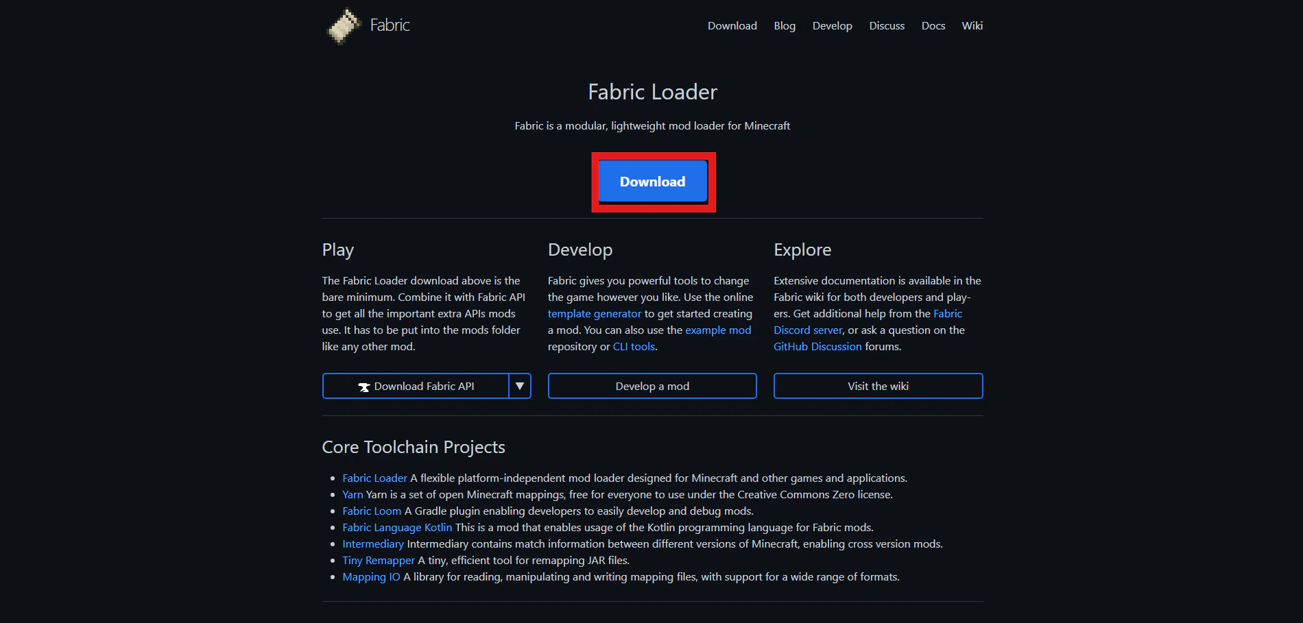 Shows the Fabric Loader's website with a red rectangle outline around a blue button that says "Download".