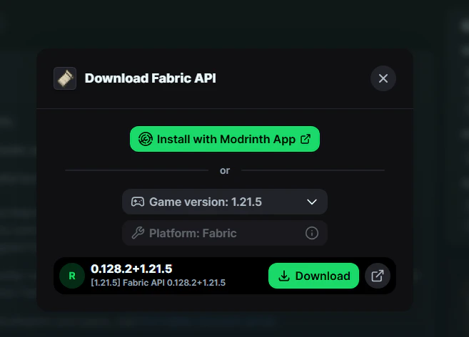 Displays a pop-up that allows you to choose the game version and platform to download the plugin or install it with the Modrinth app.