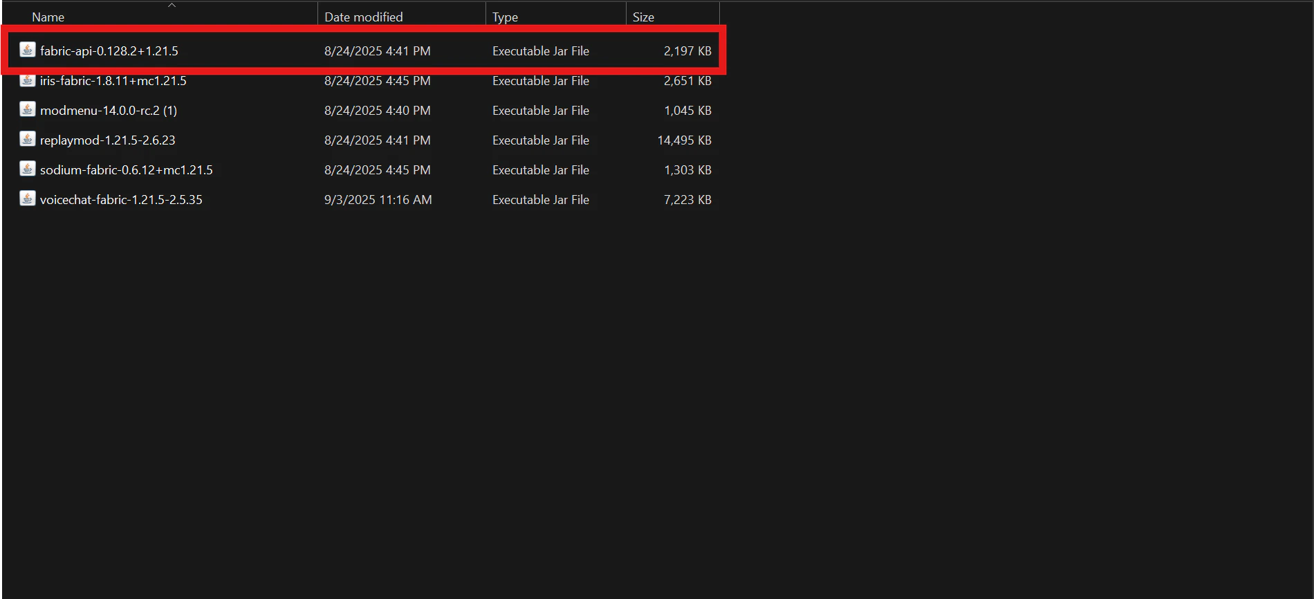 Shows the inside of the mods folder with the Fabric API plugin inside with a red rectangle outline over it.