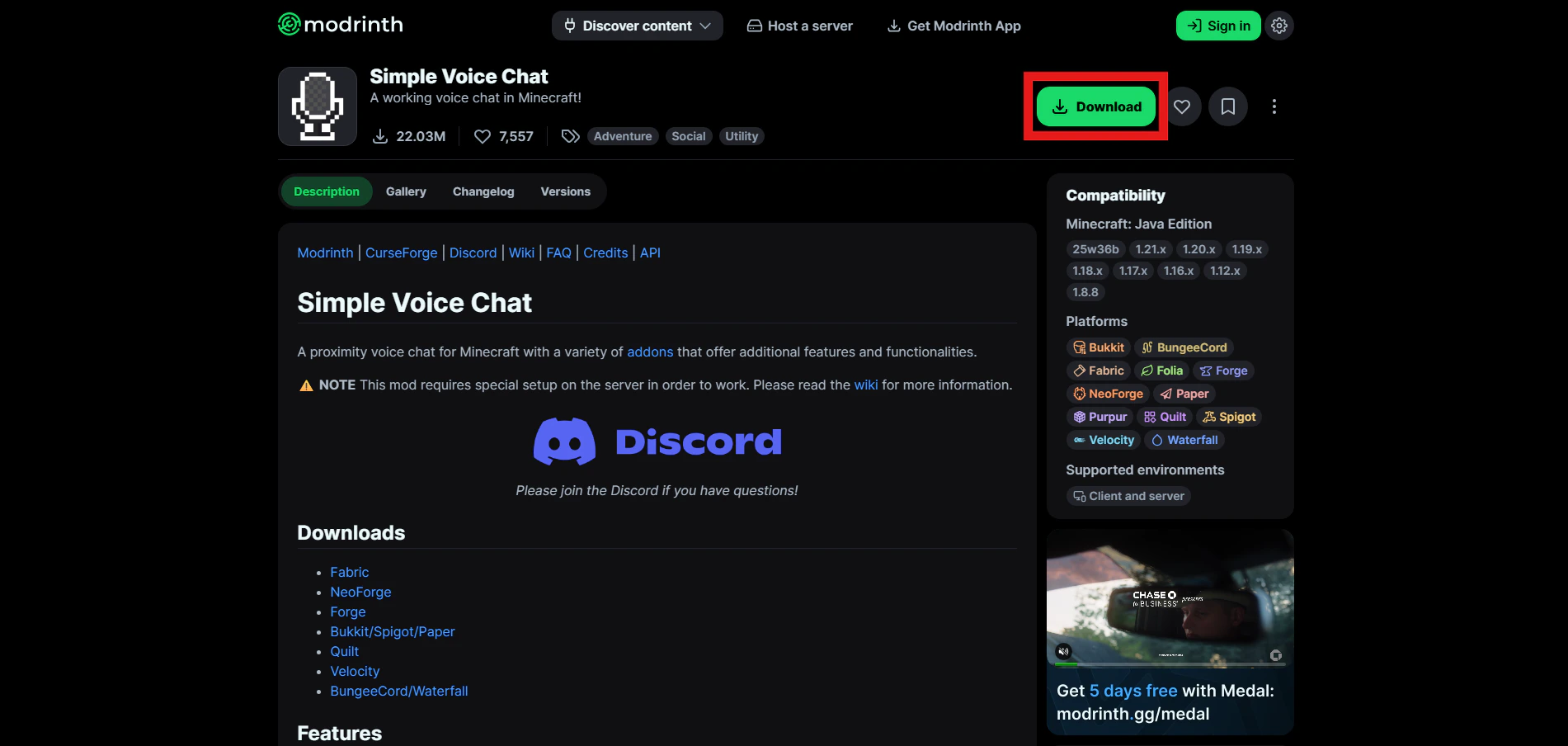 Shows a red rectangle outline over the "Download" button on the Simple Voice Chat plugin page on Modrinth.com.