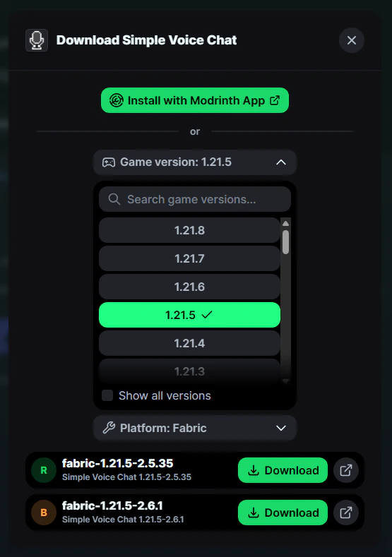 Displays a pop-up that lets you select the supported game version for that plugin.