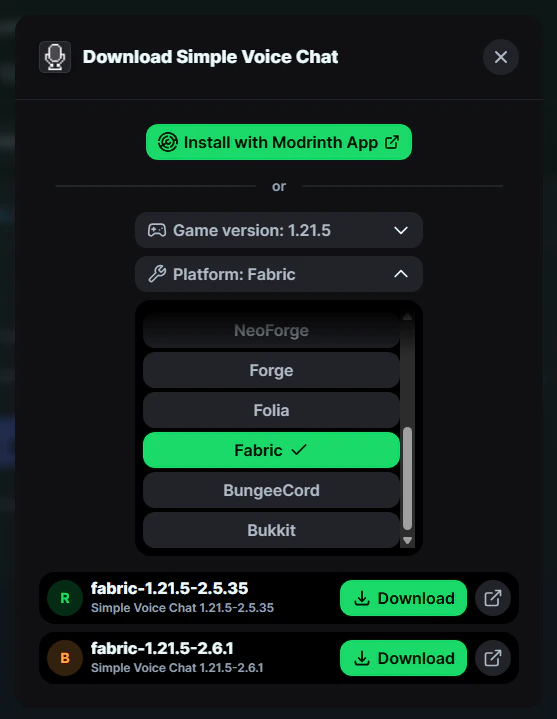 This section of the pop-up allows you to choose a supported platform for that plugin.