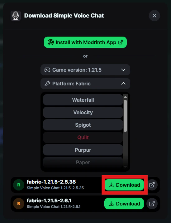 This section of the pop-up gives you two download buttons; one with an "R" for release or "B" for beta. Choose the release version.