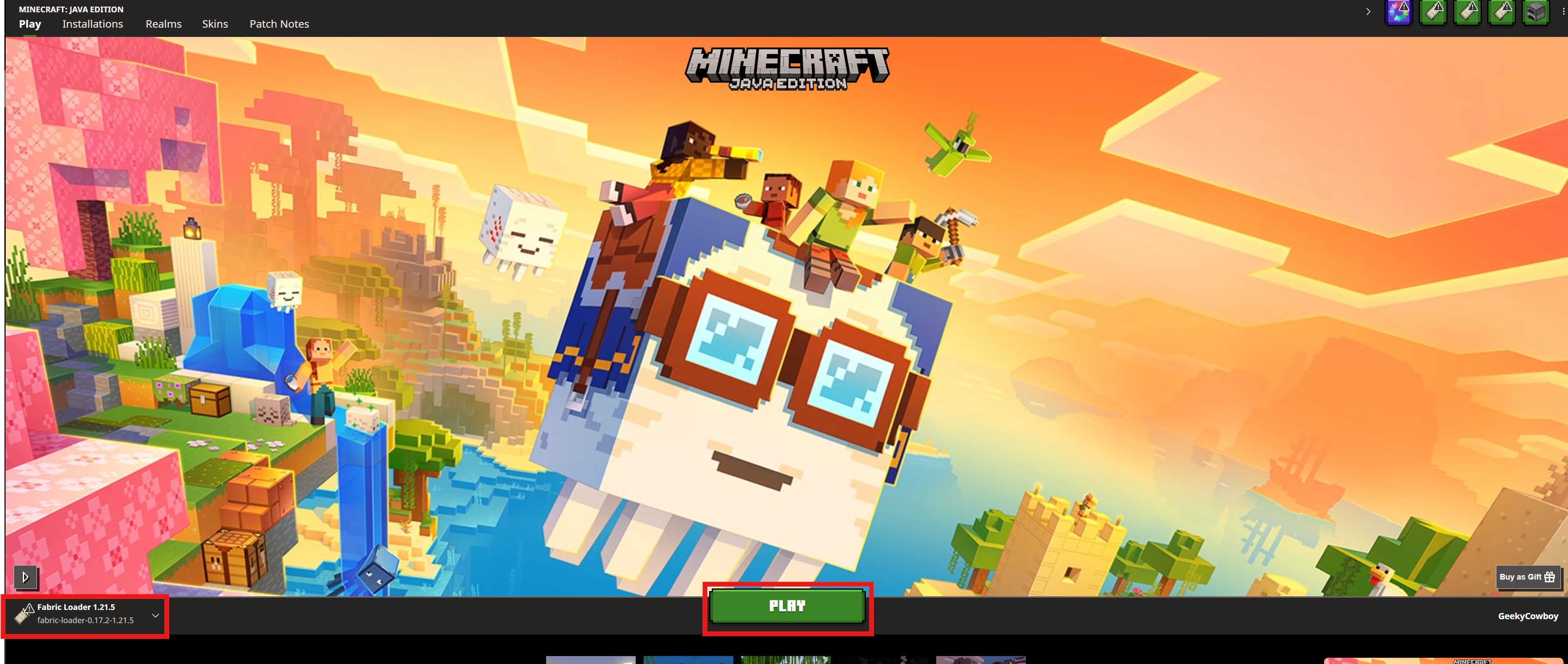 Shows the Minecraft launcher with the Fabric Loader profile that was setup ealier in this tutorial highlighted with a red retangled outline.